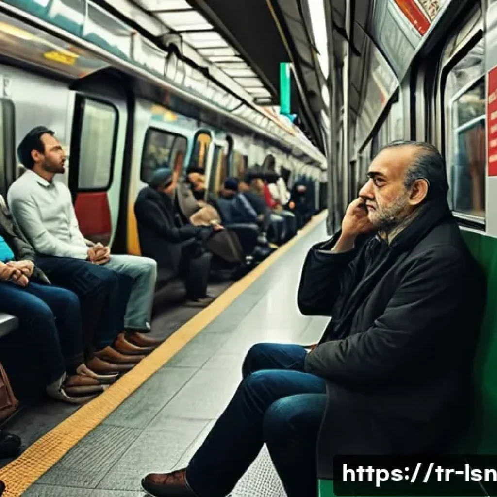 인내력 훈련을 위한 일상적 연습 - A serene urban scene depicting a middle-aged Turkish man sitting calmly inside a crowded Istanbul me...