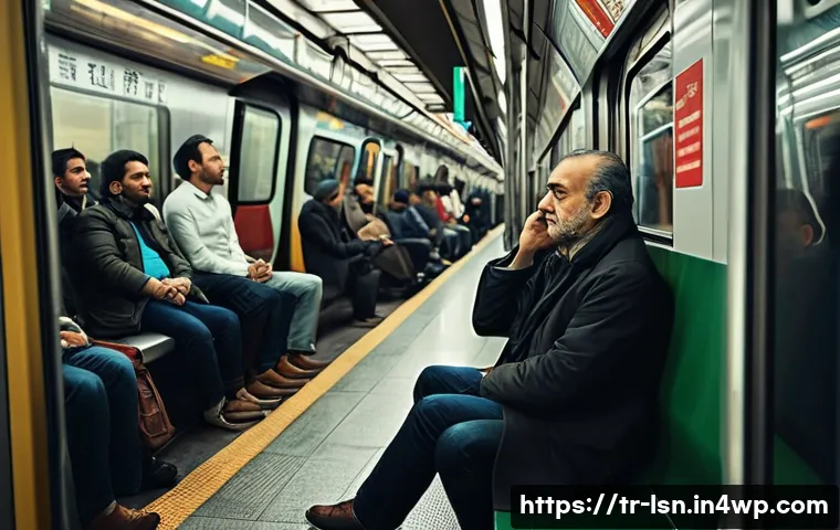 인내력 훈련을 위한 일상적 연습 - A serene urban scene depicting a middle-aged Turkish man sitting calmly inside a crowded Istanbul me...
