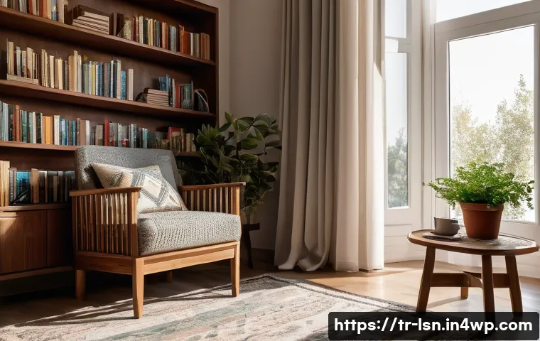 인내심을 기르는 독서 습관 - A cozy, quiet reading nook in a modern Turkish home, featuring soft natural lighting through a large...