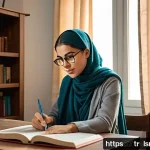 자기 주도적 학습을 위한 인내력 개발 과정 - A serene study room in a modern Turkish home, with a young adult woman wearing modest casual clothin...