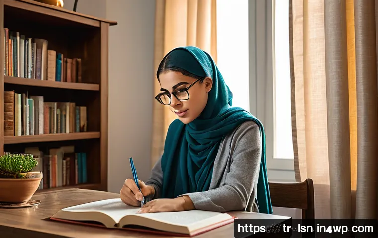 자기 주도적 학습을 위한 인내력 개발 과정 - A serene study room in a modern Turkish home, with a young adult woman wearing modest casual clothin...