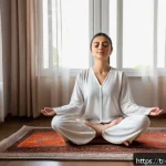 인내력 훈련을 위한 온라인 강의 소개 - A serene indoor scene showing a young Turkish woman practicing deep breathing exercises for patience...