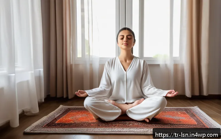 인내력 훈련을 위한 온라인 강의 소개 - A serene indoor scene showing a young Turkish woman practicing deep breathing exercises for patience...